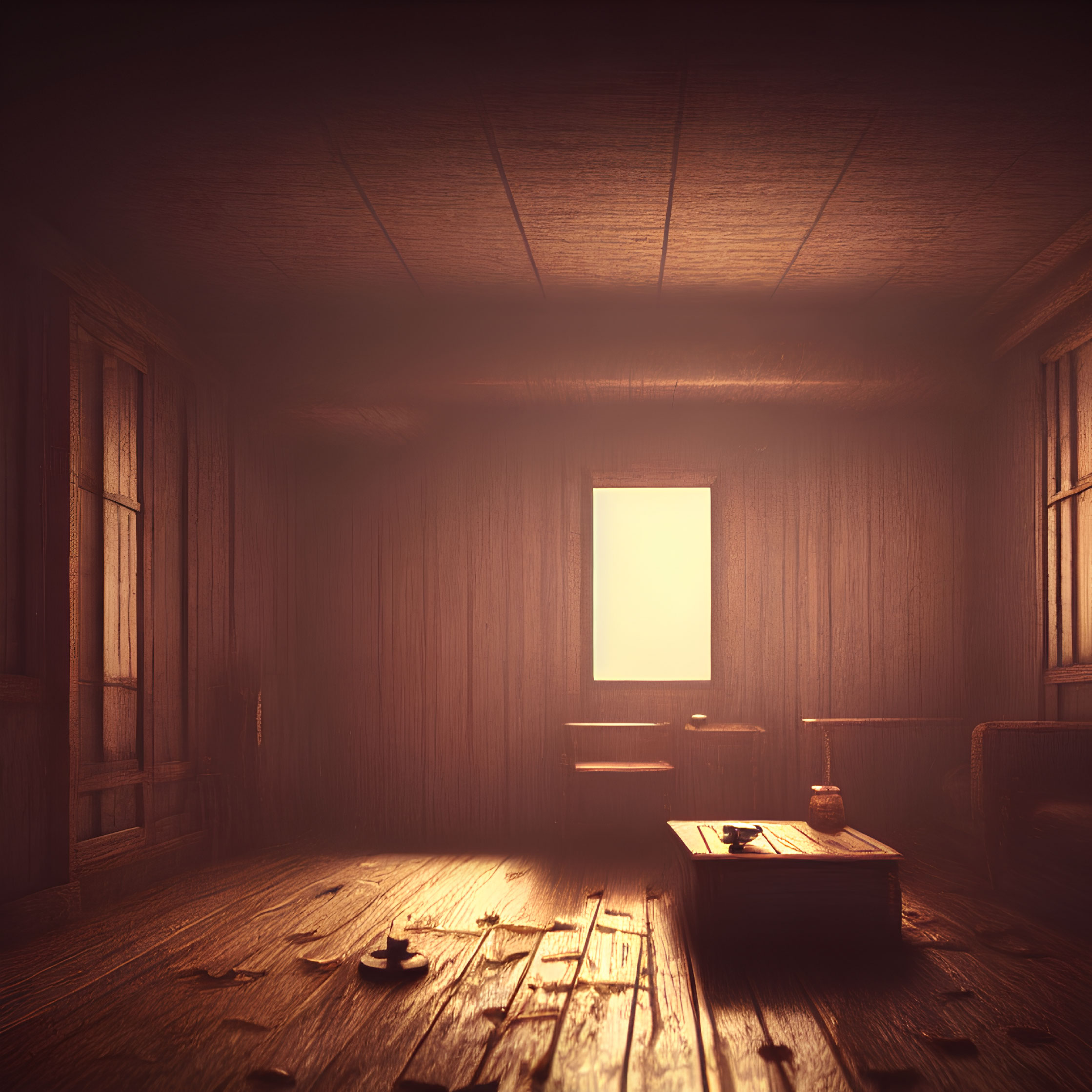 Dimly Lit Wooden Room with Glowing Window and Scattered Papers