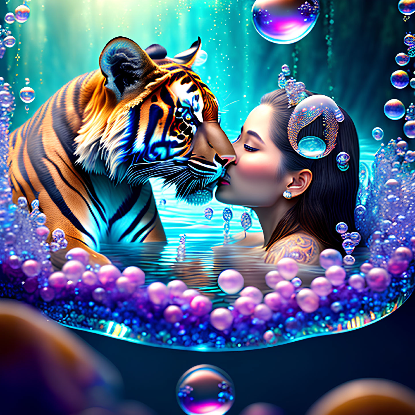 Woman and tiger touching noses in vibrant underwater scene