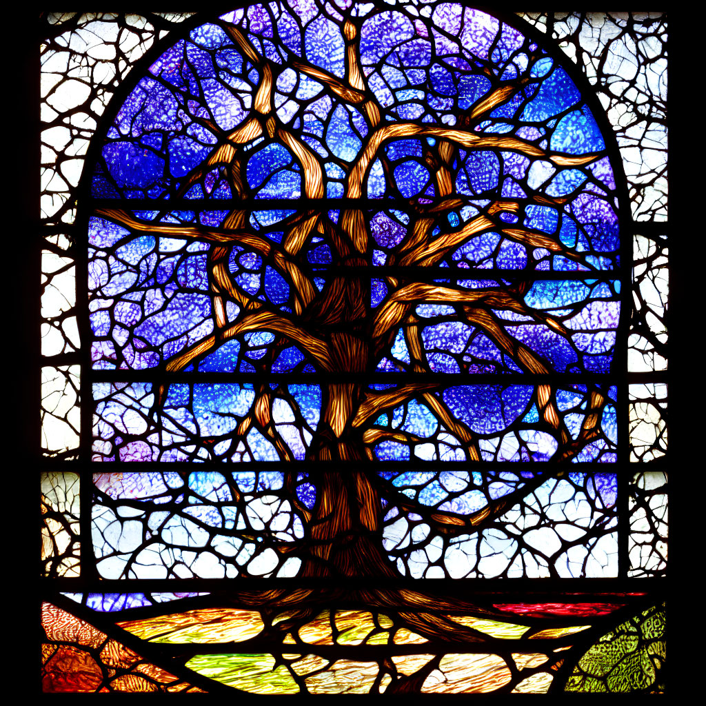 Vibrant Tree Stained Glass Window Against Blue & Purple Background