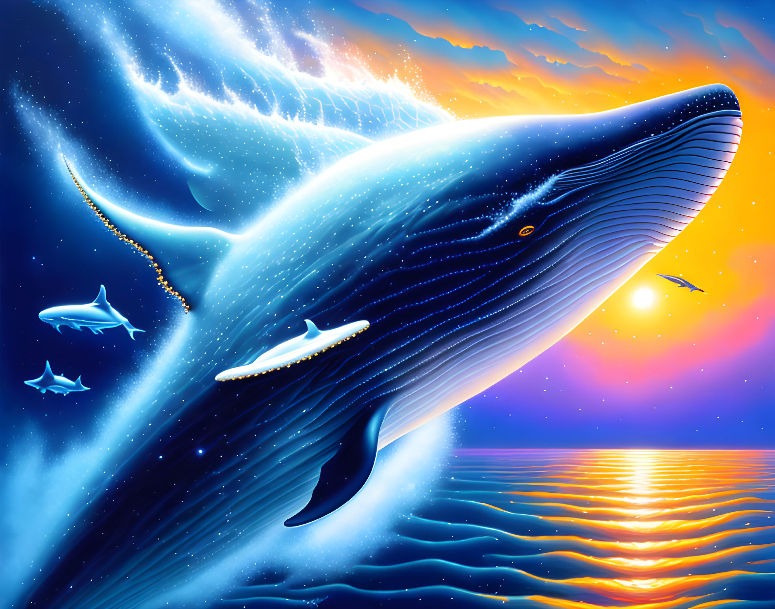 Colorful cosmic whale swimming in sunset ocean with stardust trail