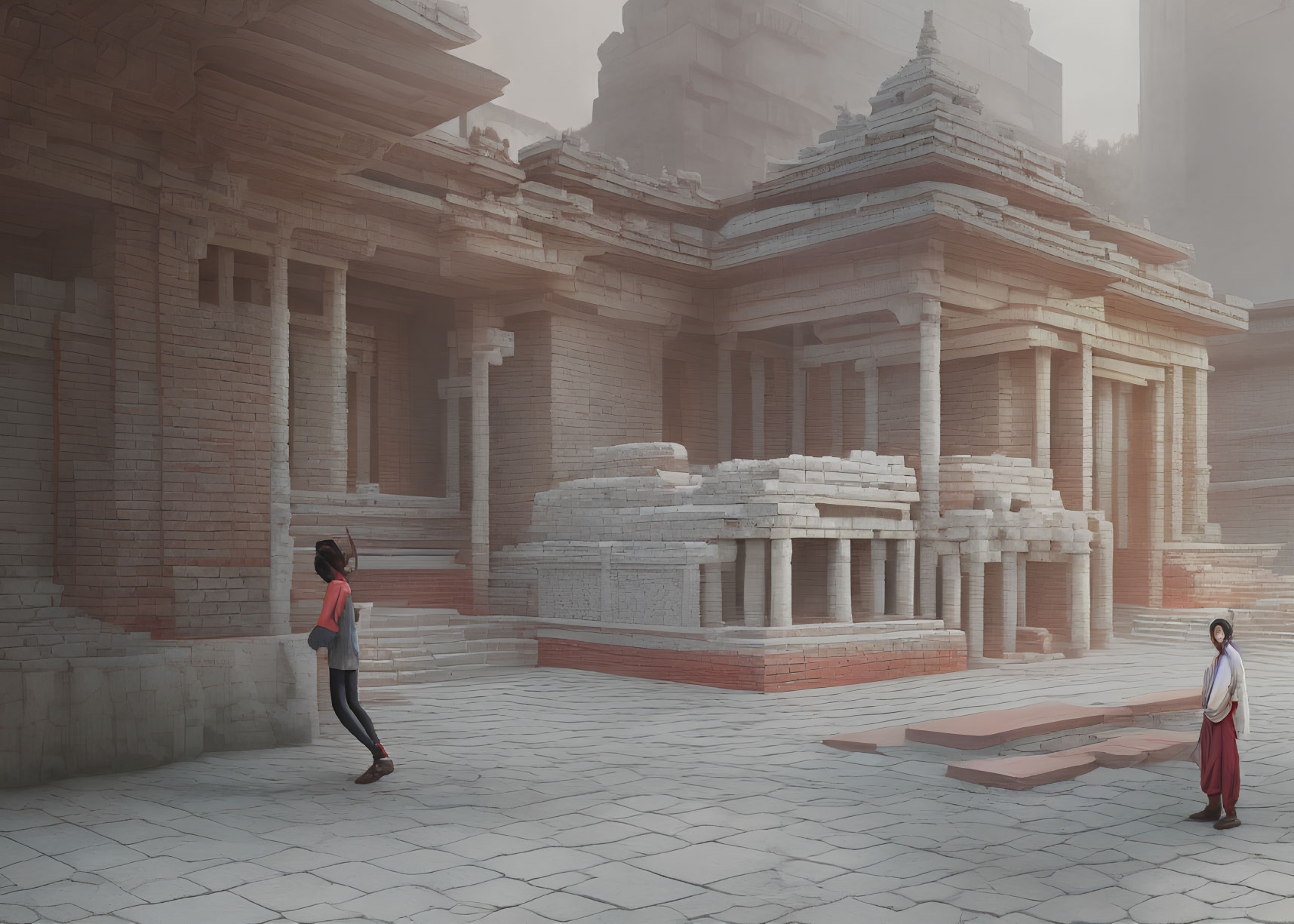 Person walking towards another by ancient red stone structures in misty environment