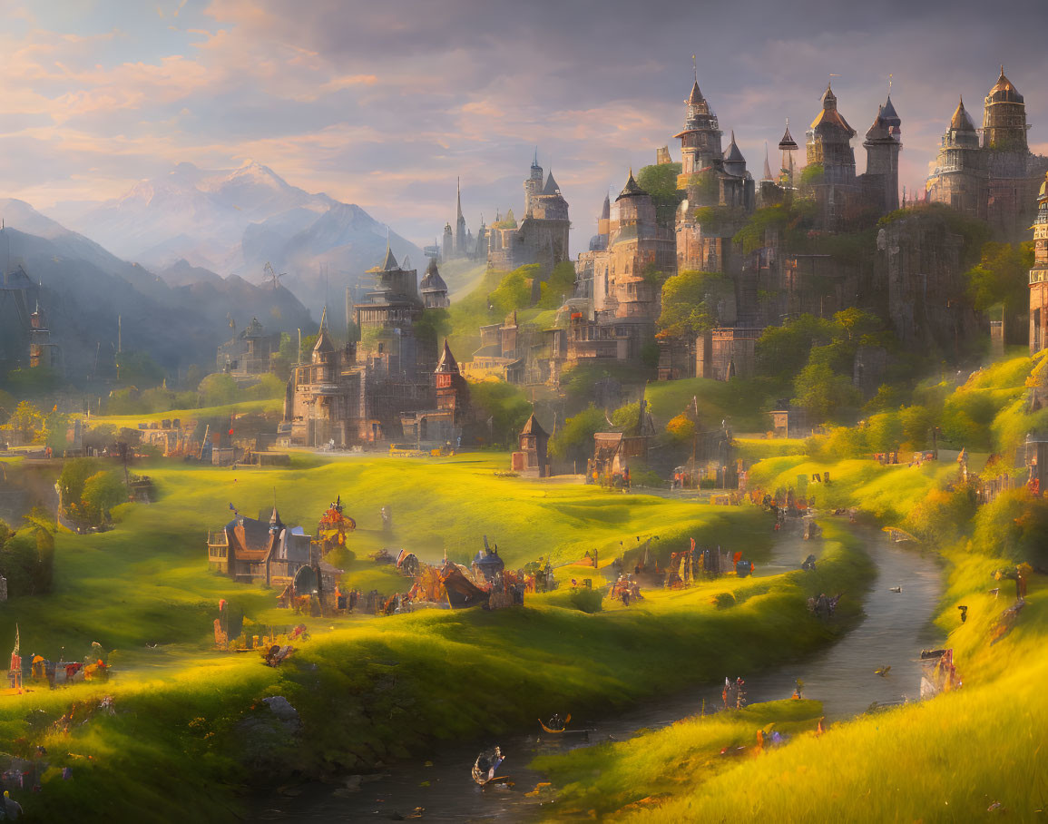 Majestic castle on hill in fantasy landscape with river and medieval figures