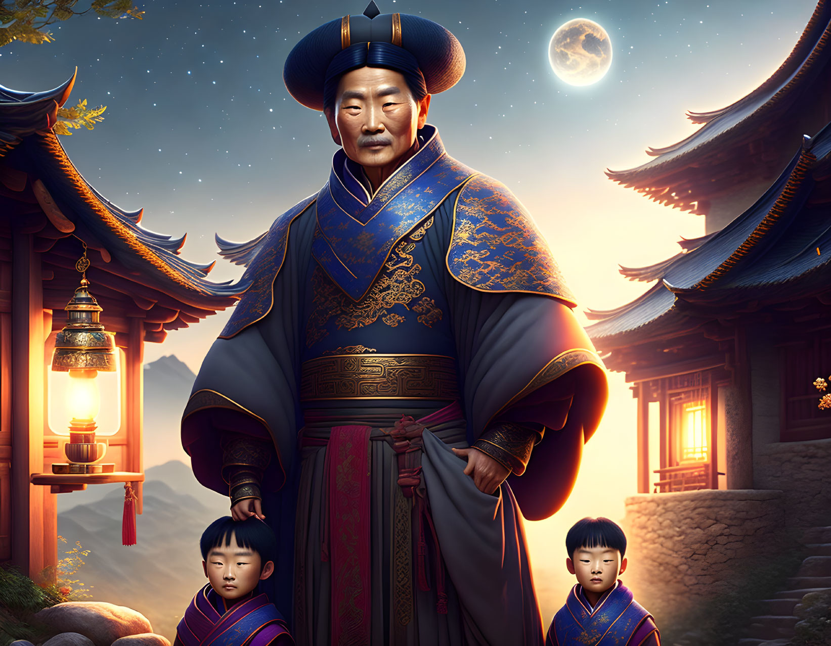 Imposing East Asian figure with children in traditional attire against temple backdrop