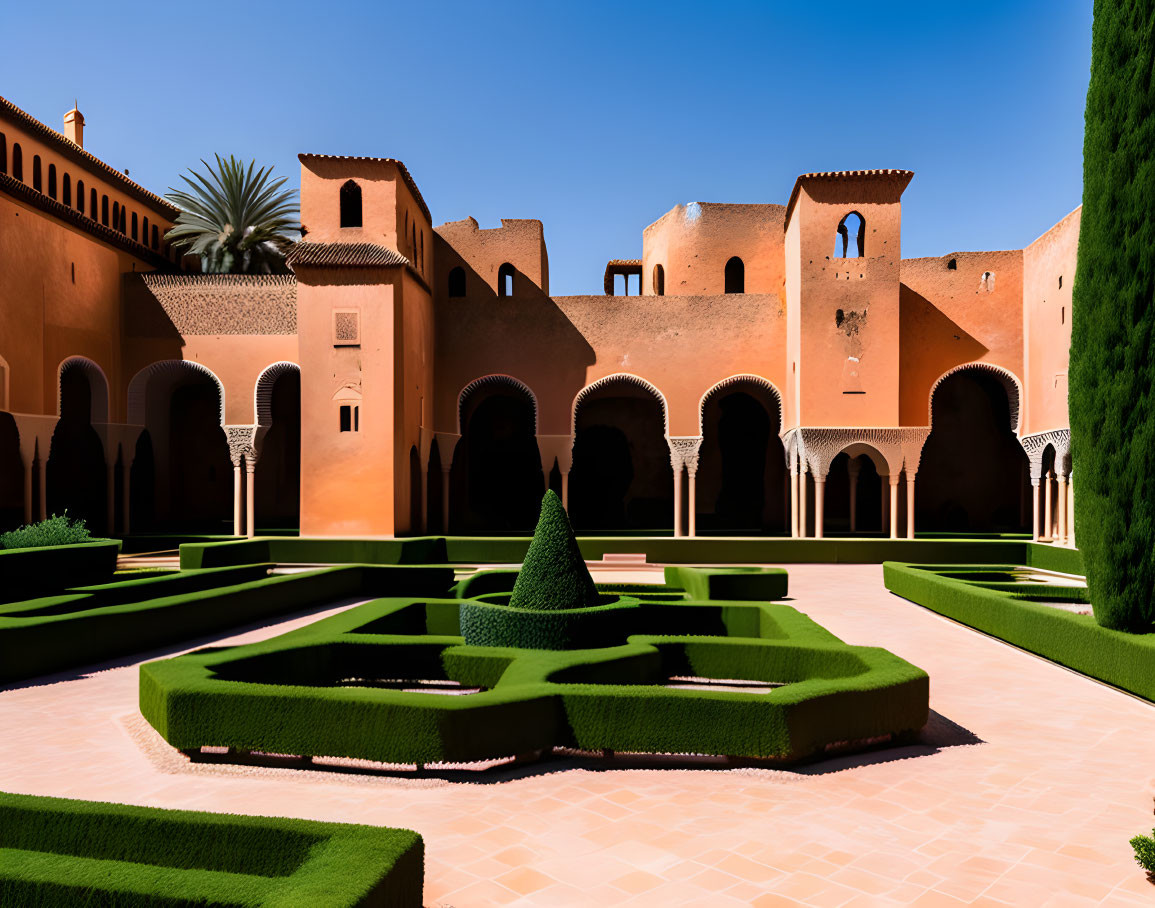 Symmetrical Garden with Pyramid Topiary and Terracotta Buildings