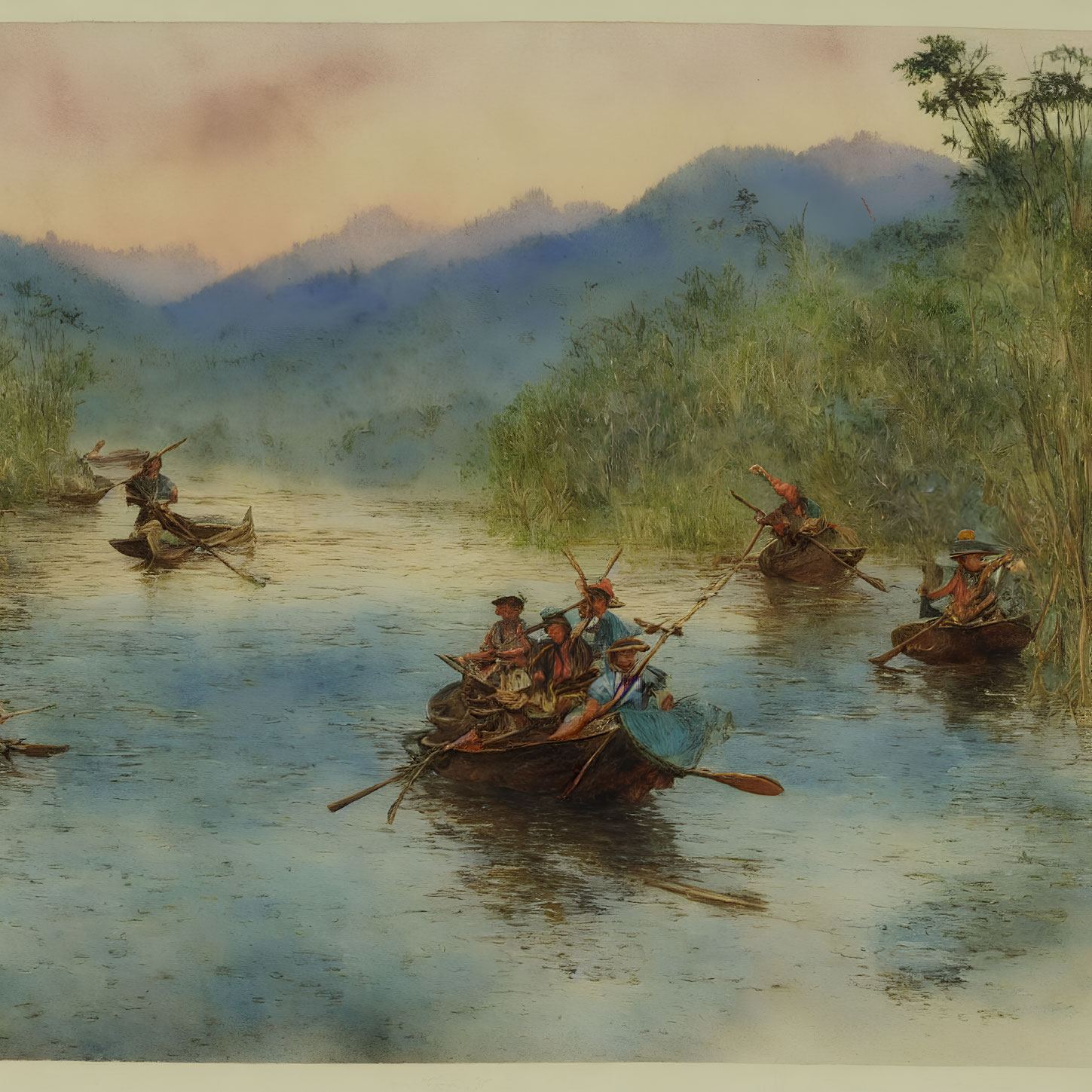 Tranquil watercolor painting of rowing boats in misty marshland