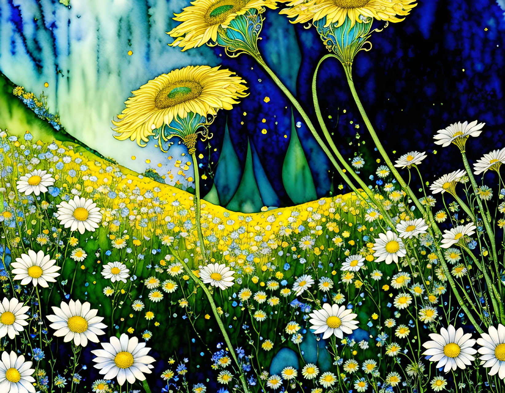 Colorful Digital Art Featuring Yellow Sunflowers and White Daisies on Blue and Green Background