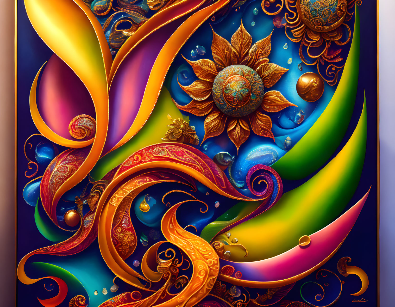 Colorful Digital Art: Swirling Floral Patterns in Orange, Blue, and Gold