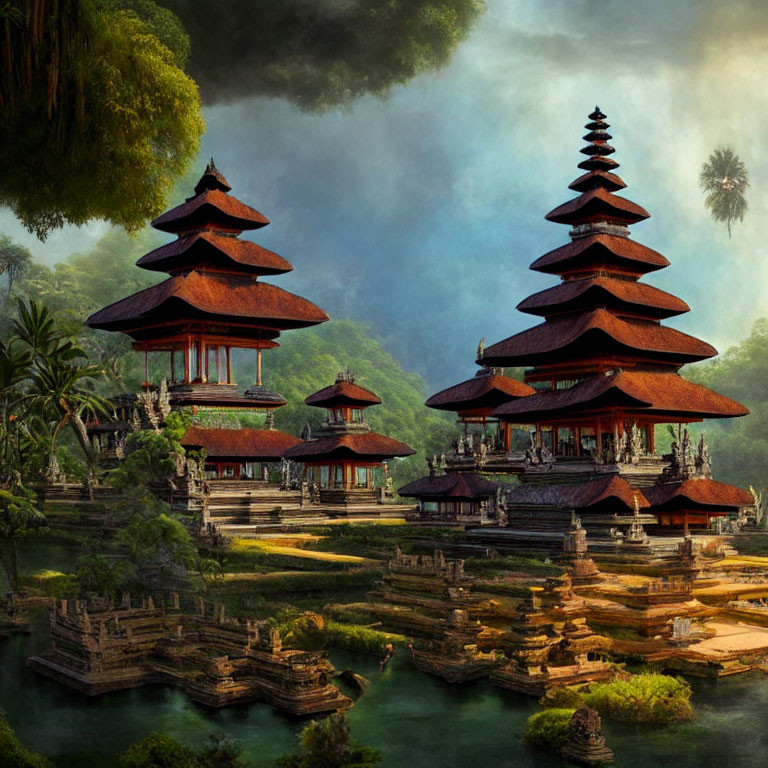 Balinese multi-tiered temples in lush greenery and misty forest