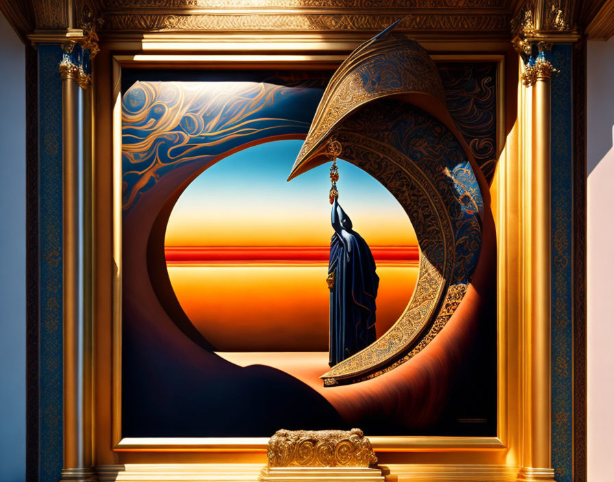 Surreal painting: Figure in blue on crescent moon in vibrant sunset.