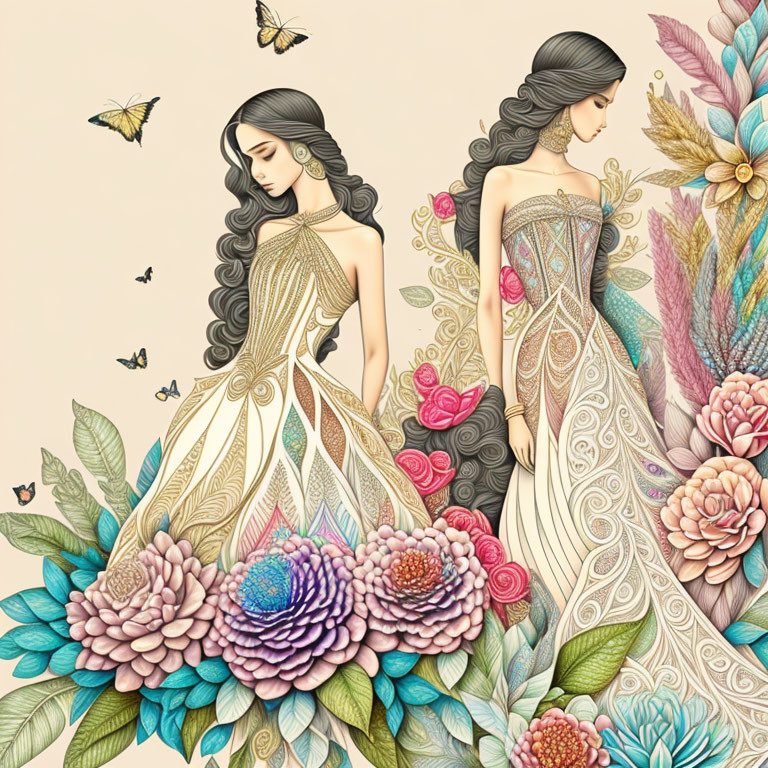 Two women in floral dresses with butterflies and flowers in whimsical illustration