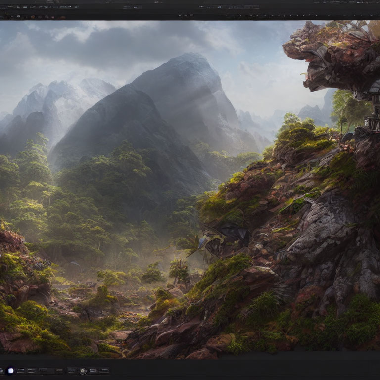 Fantasy landscape with mountains, vegetation, and cliff-top structure