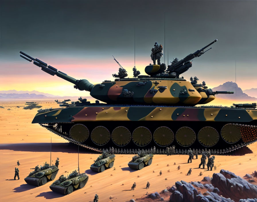 Futuristic combat scene with oversized tank and soldiers in desert landscape