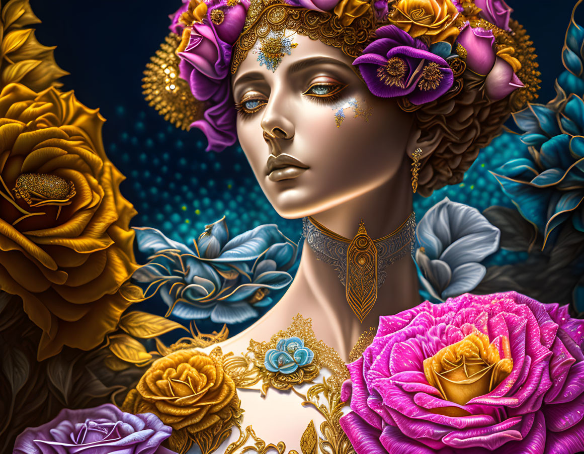 Colorful digital artwork: Woman with gold jewelry and vibrant flowers