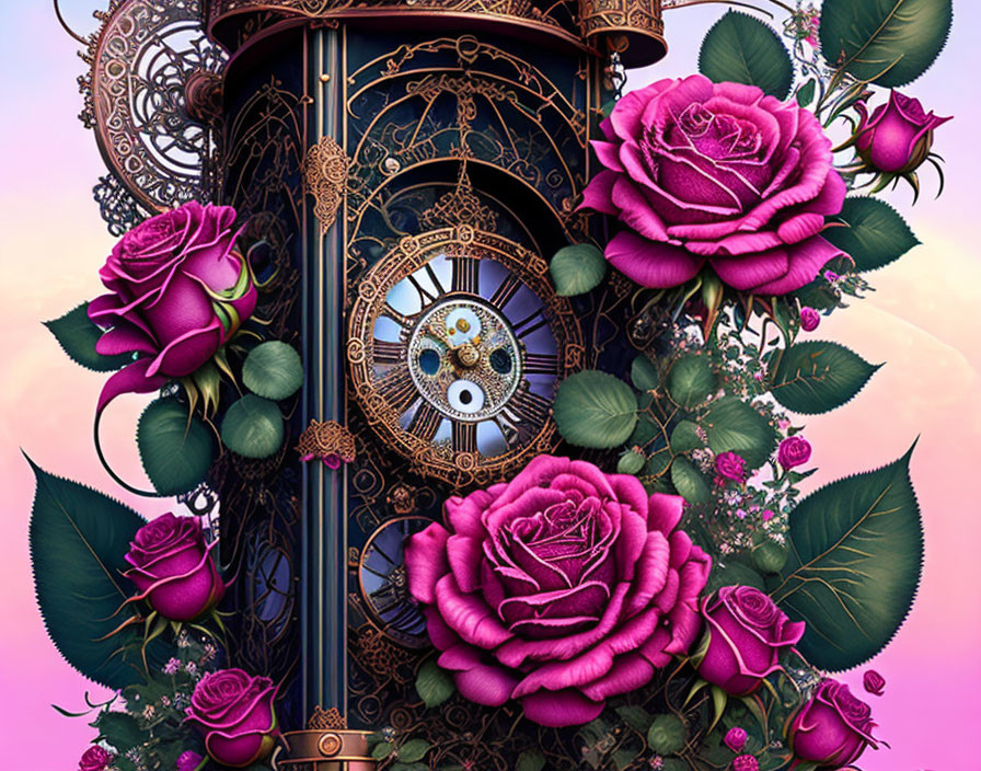 Steampunk-inspired clock tower with pink roses and golden gears.