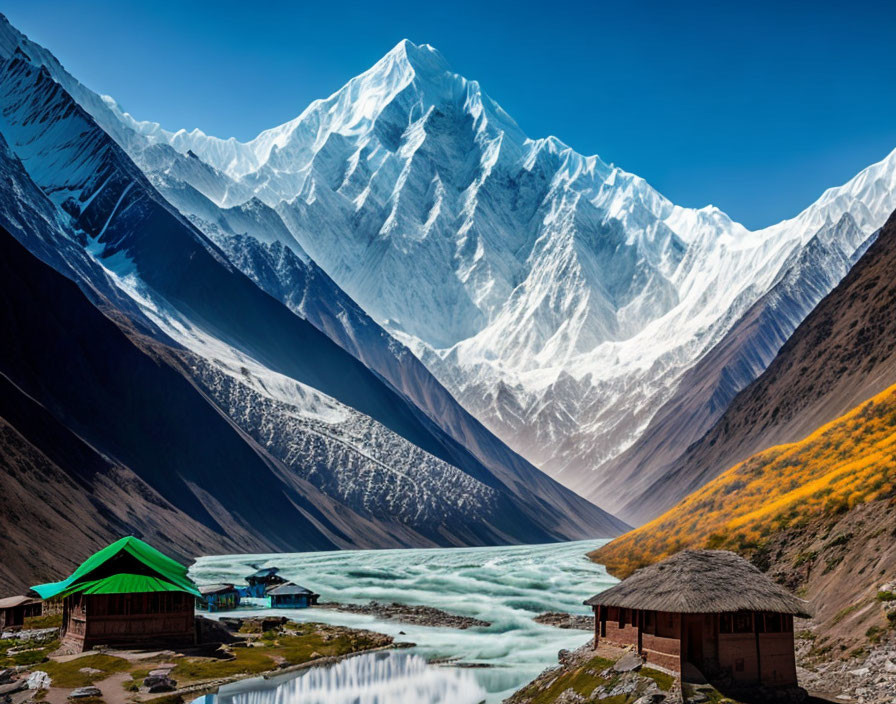 Snow-capped mountain and serene lake with huts and greenery under clear sky