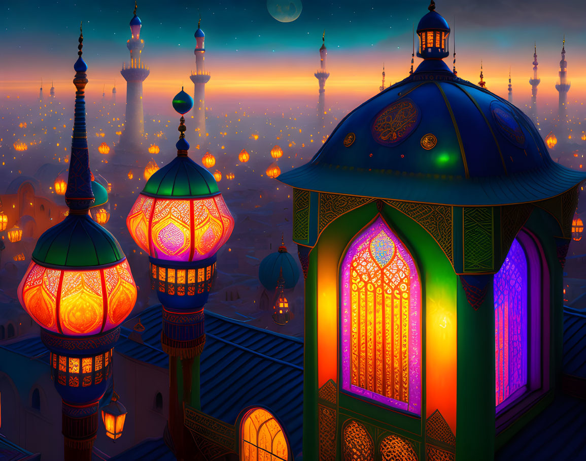 Colorful Arabian cityscape illustration at dusk with lanterns, domes, and minarets under