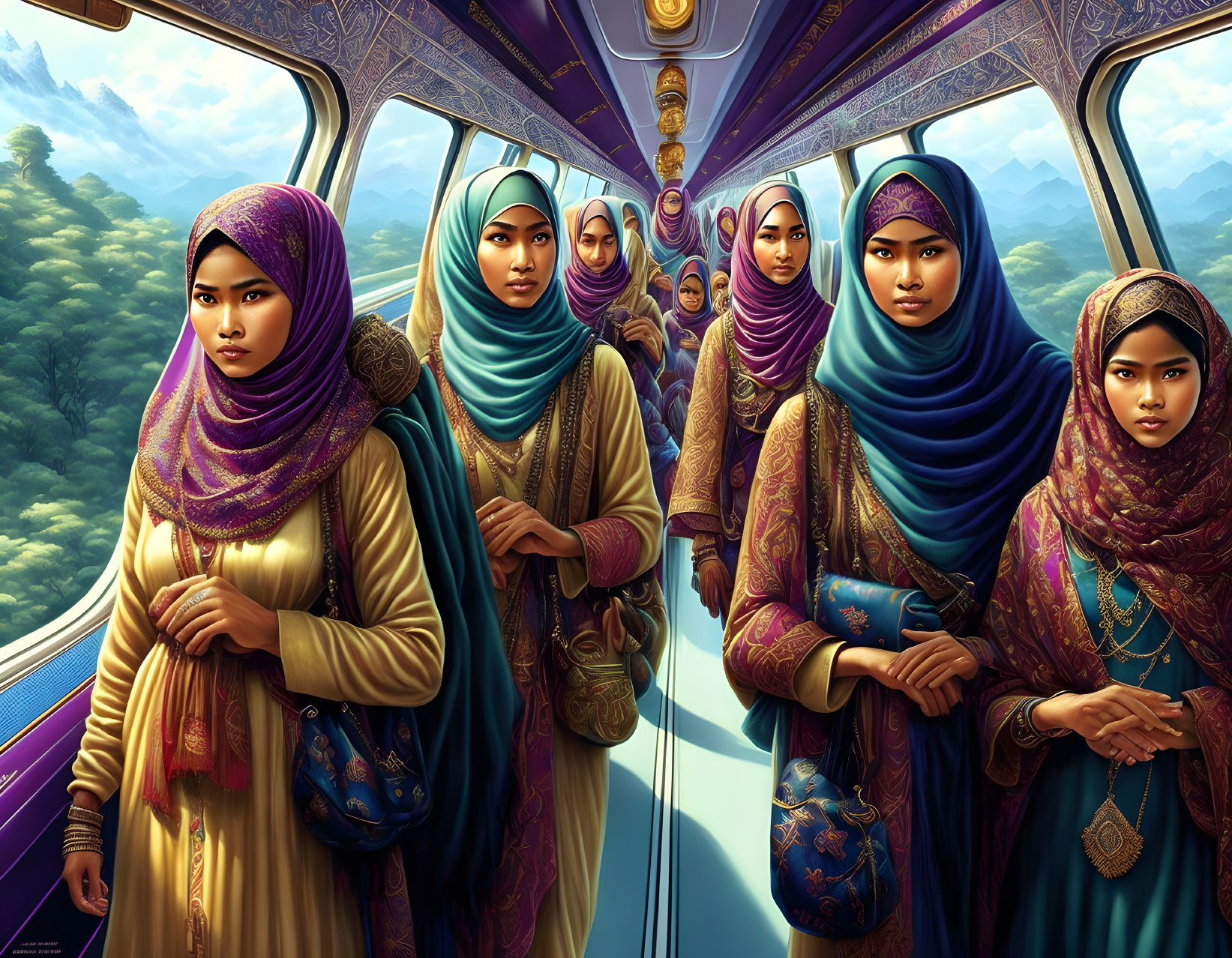 Women in Traditional Attire on Decorated Train with Scenic View