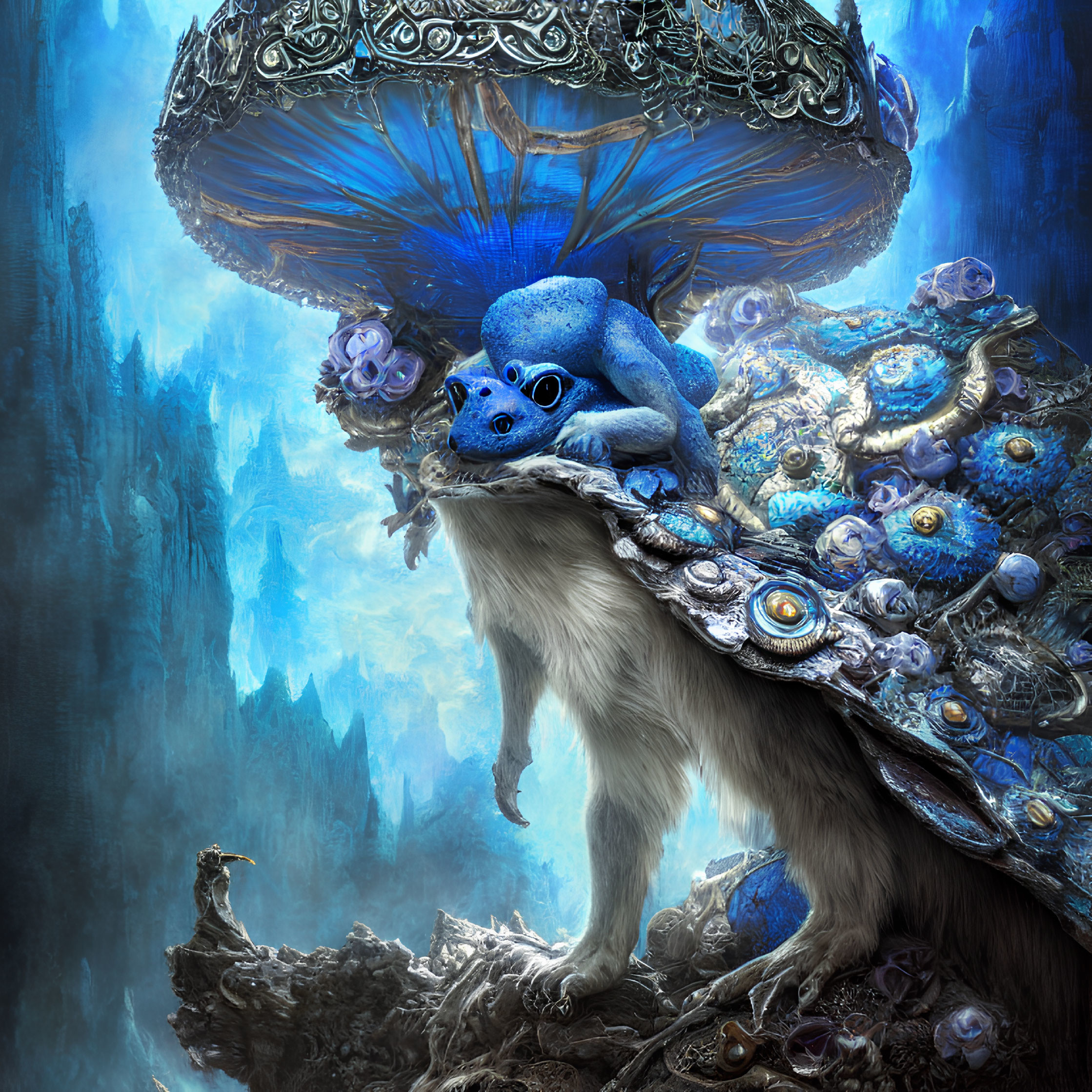 Blue cat-like creature with mushroom cap and gem-encrusted body on rocky landscape