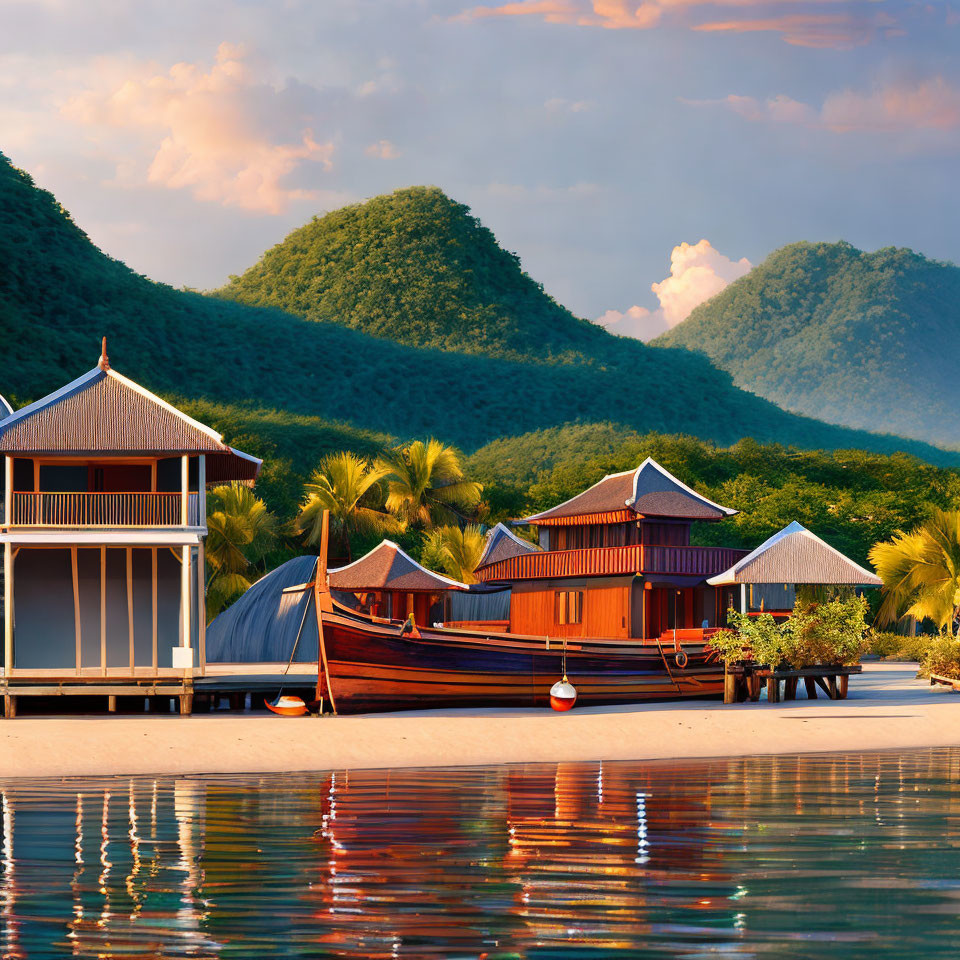 Tropical beach resort with wooden huts on stilts, traditional boat, lush green hills at sunset