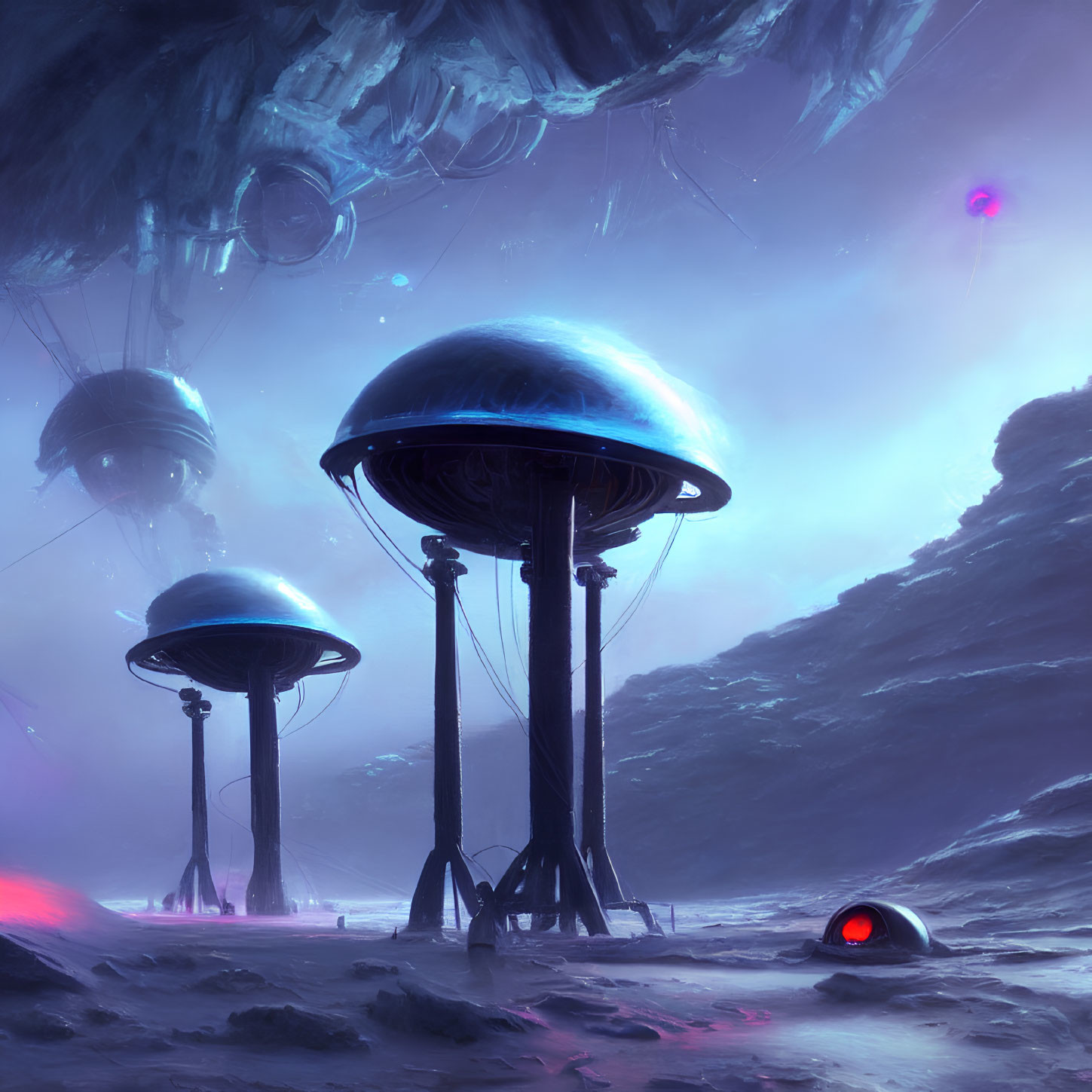 Alien landscape with towering mushroom structures under purple sky