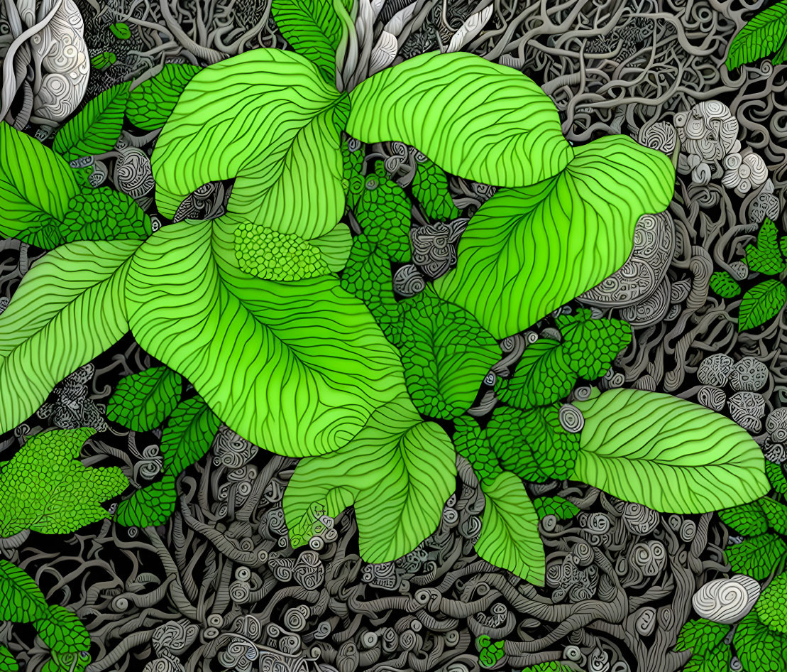 Detailed Illustration of Vibrant Green Leaves on Swirling Grayscale Background