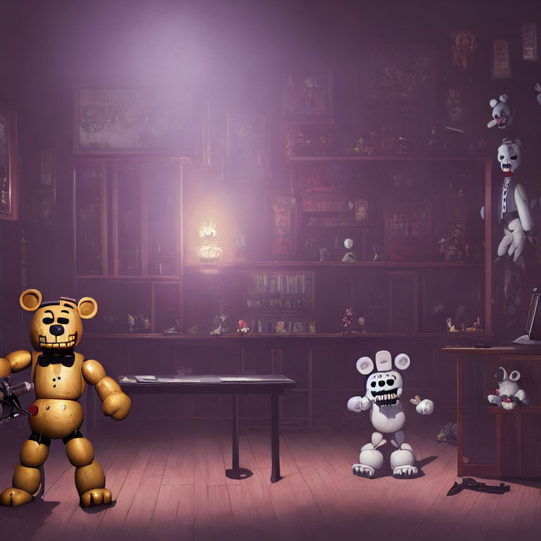 Dimly Lit Toy Room with Cartoon Animatronic Characters