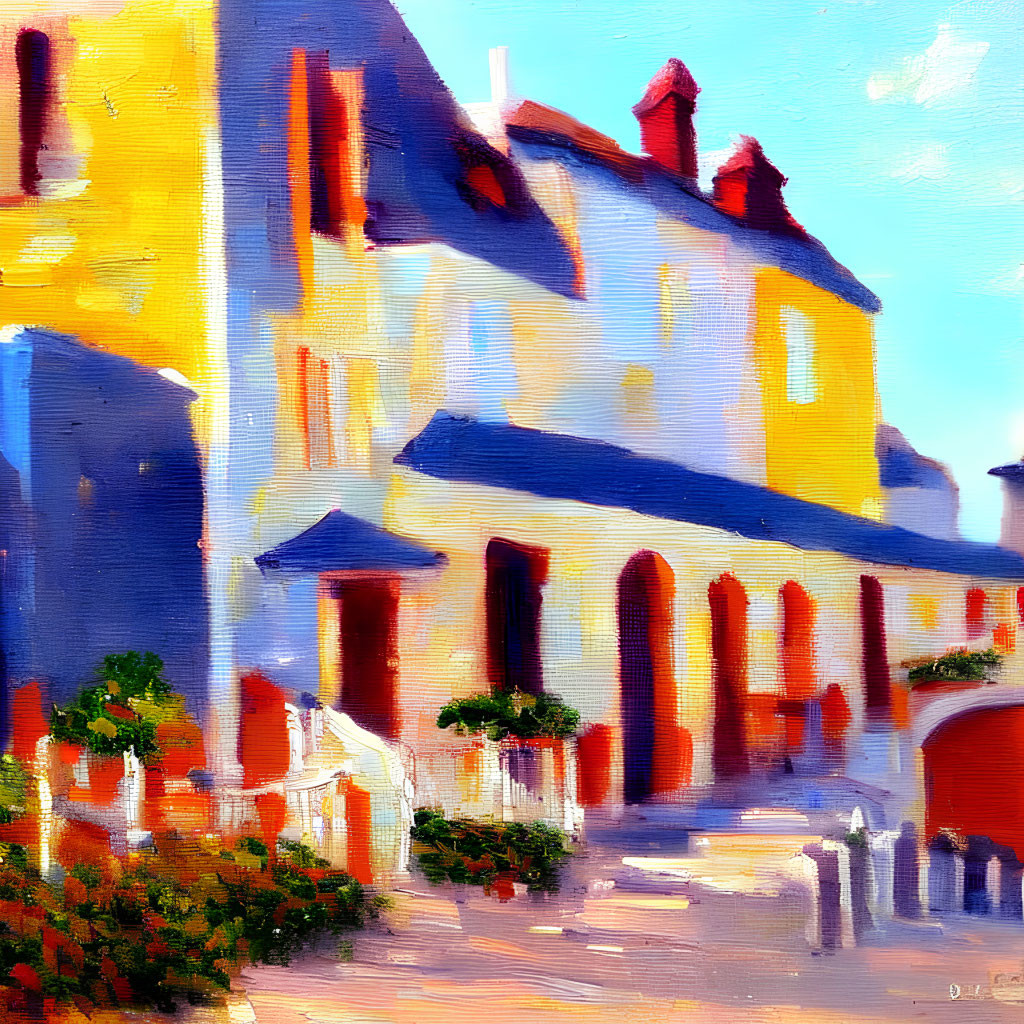 Colorful houses on quaint street: Vibrant oil painting