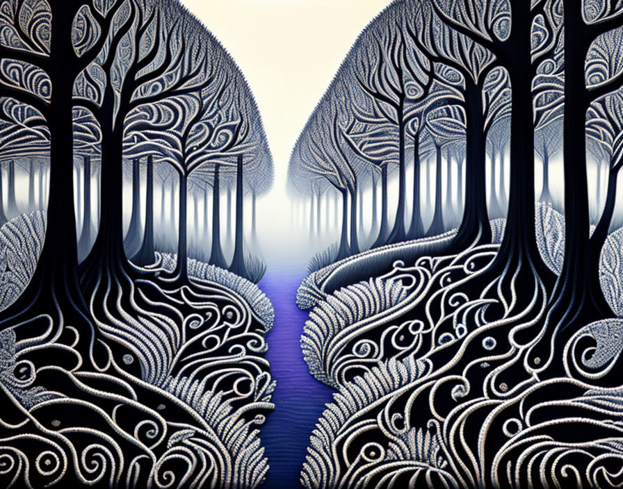 Symmetrical forest scene with intricate tree patterns and blue river