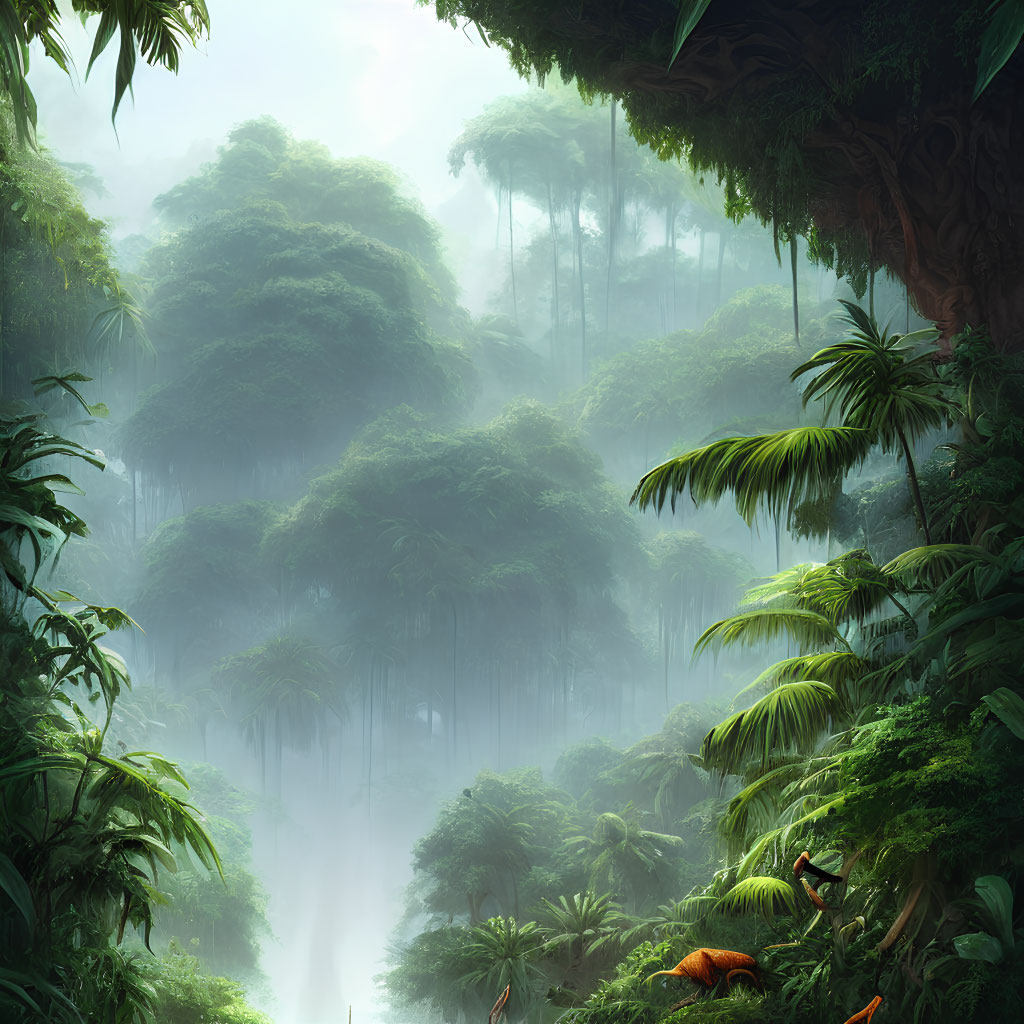 Lush Green Jungle with Dense Foliage and Misty Atmosphere