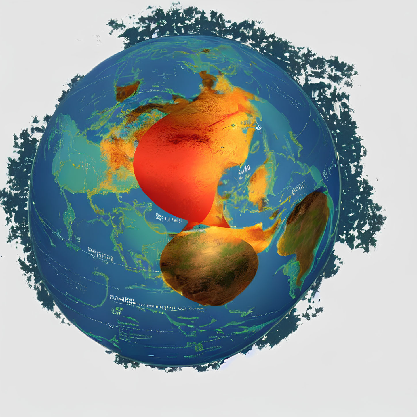 Stylized globe heat map showing temperature data in Africa, Asia, and Europe