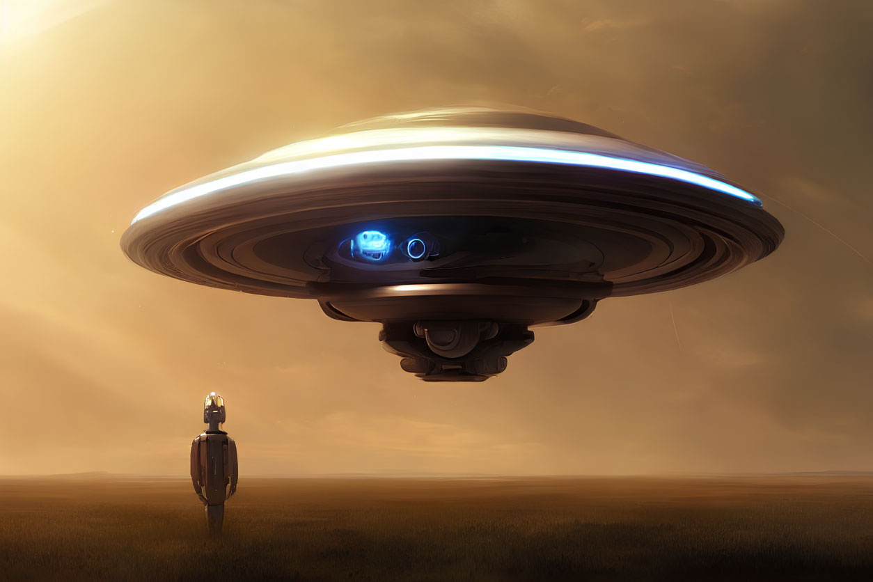 Robot gazes at hovering UFO in barren landscape