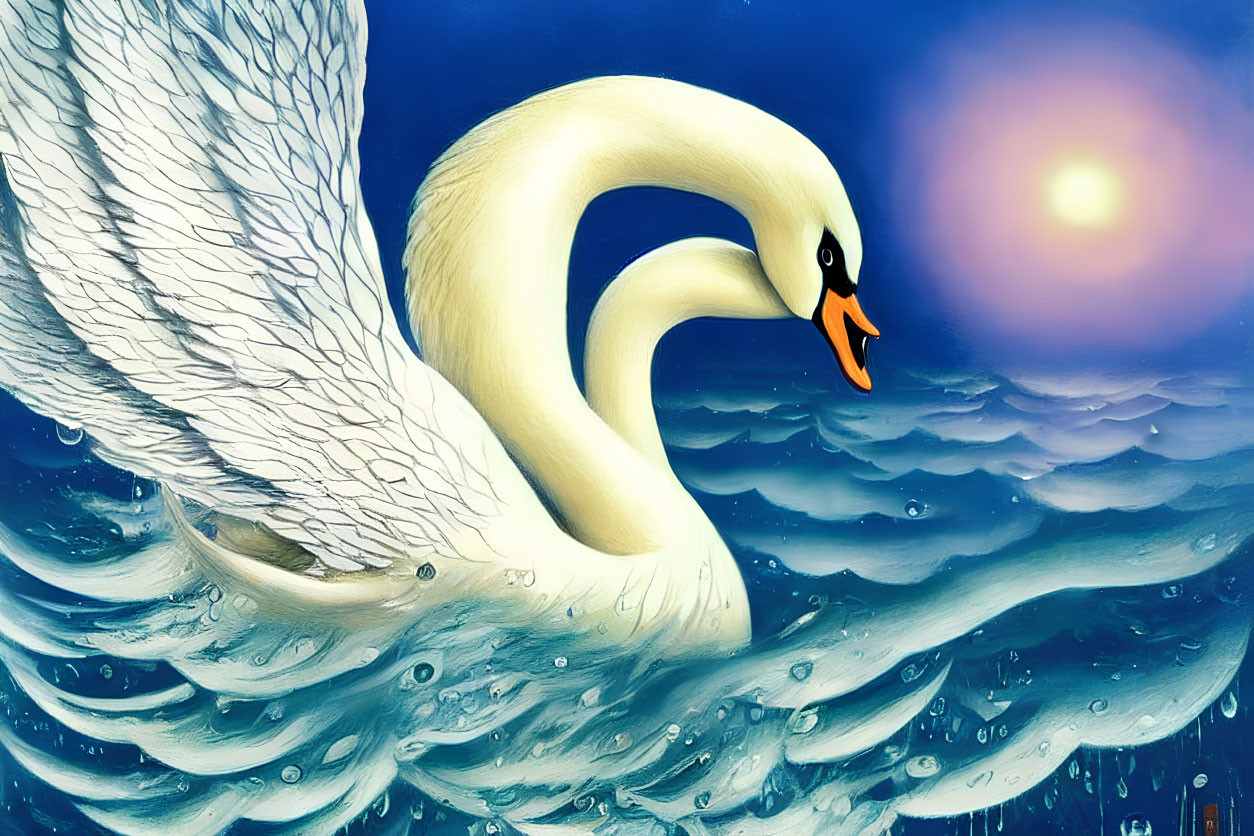 Graceful swan with orange beak on wavy water under sun glow