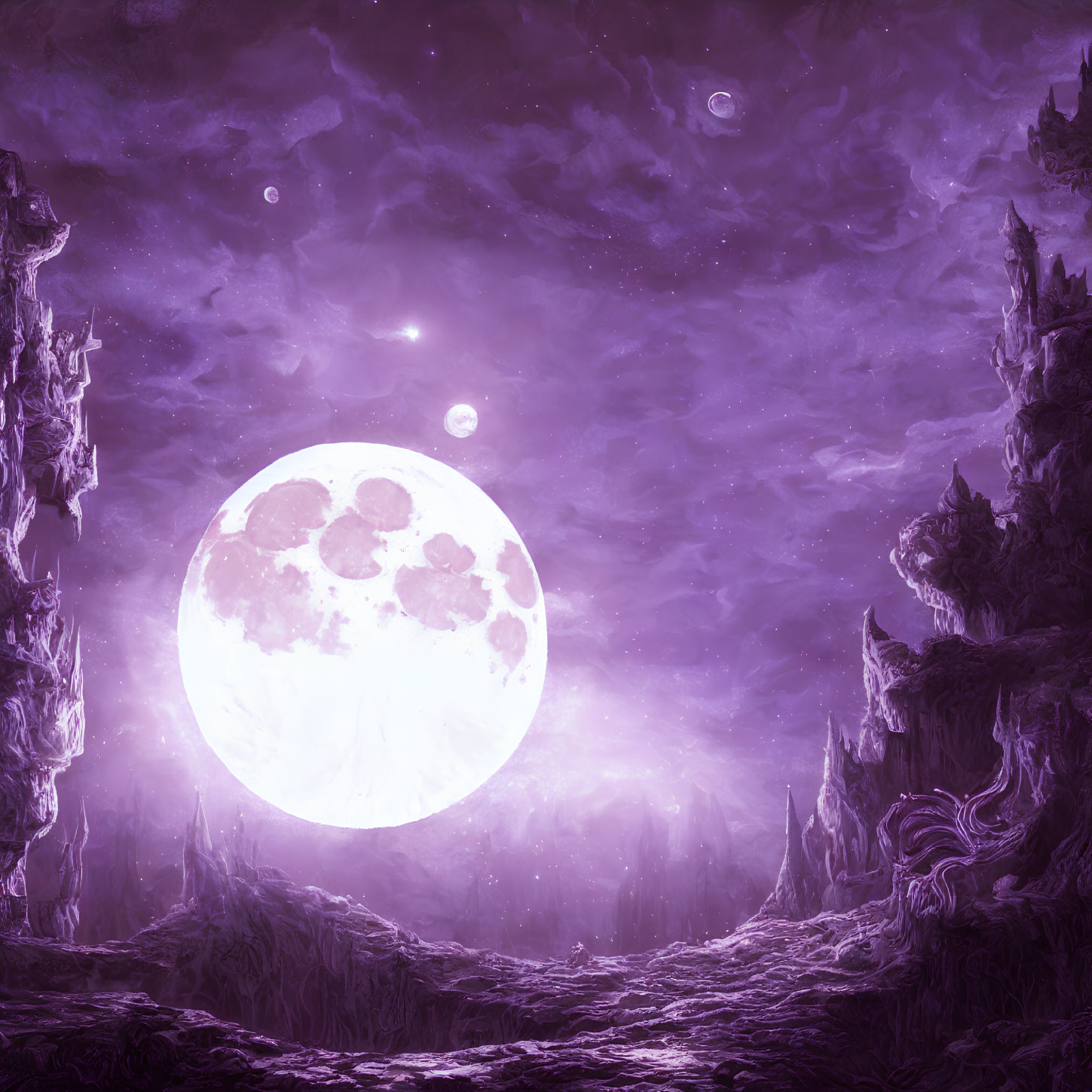 Fantasy Night Landscape with Luminous Moon and Celestial Bodies