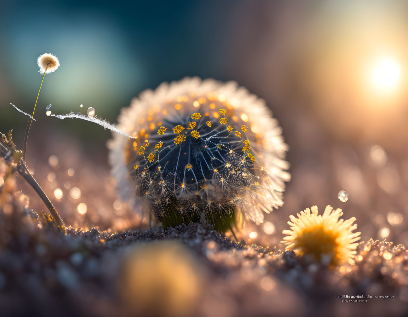 Close-up Dewy Cactus and Yellow Flowers in Golden-hour Sunlight