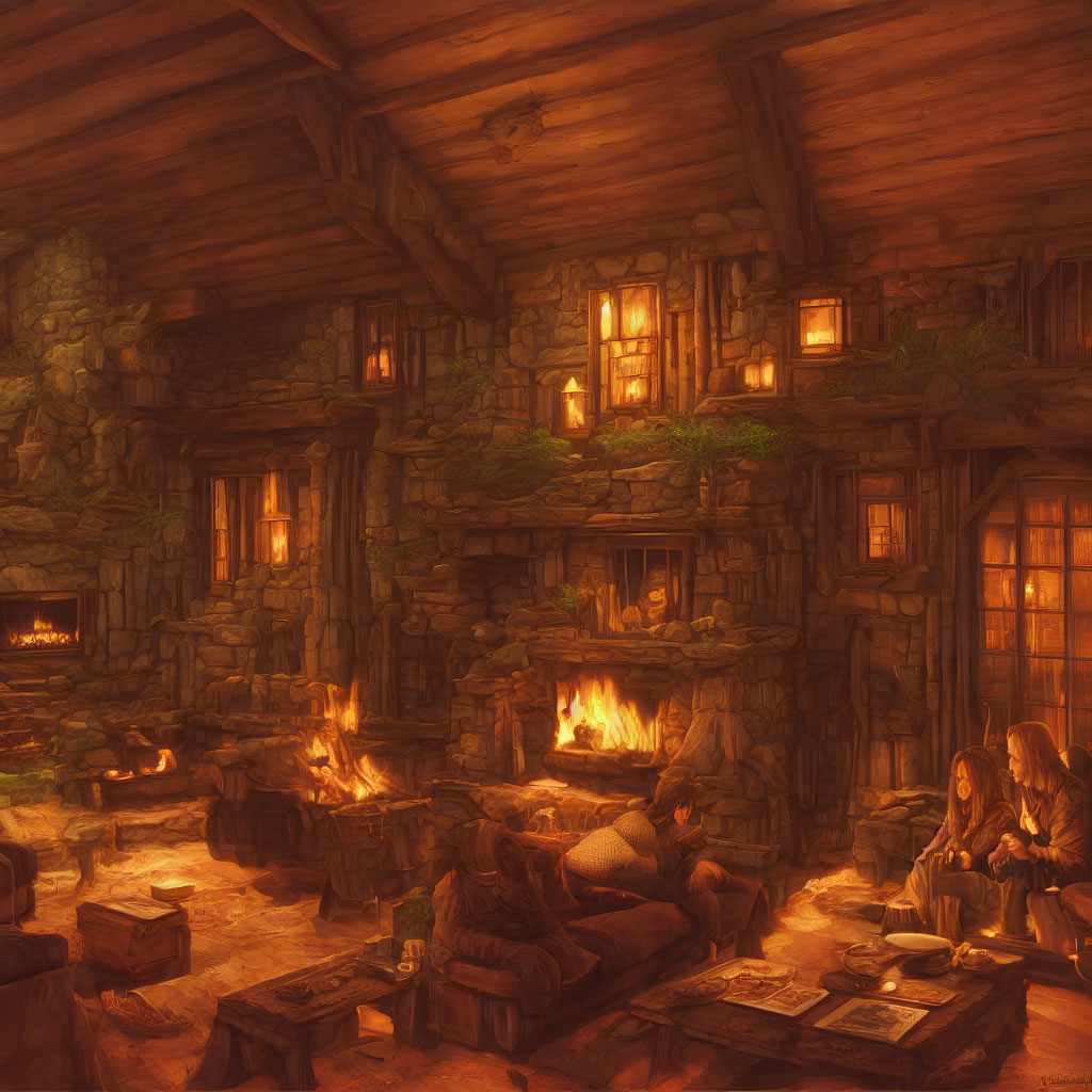 Cozy Fantasy Tavern Interior with Stone Walls & Glowing Fireplaces