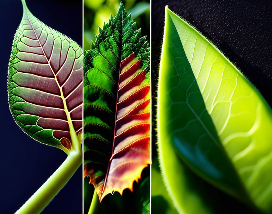 Vibrant plant leaves triptych with diverse textures and patterns on dark backgrounds