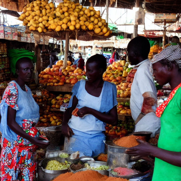 Three People at Colorful Market Stall with Fruits and Grains Displayed