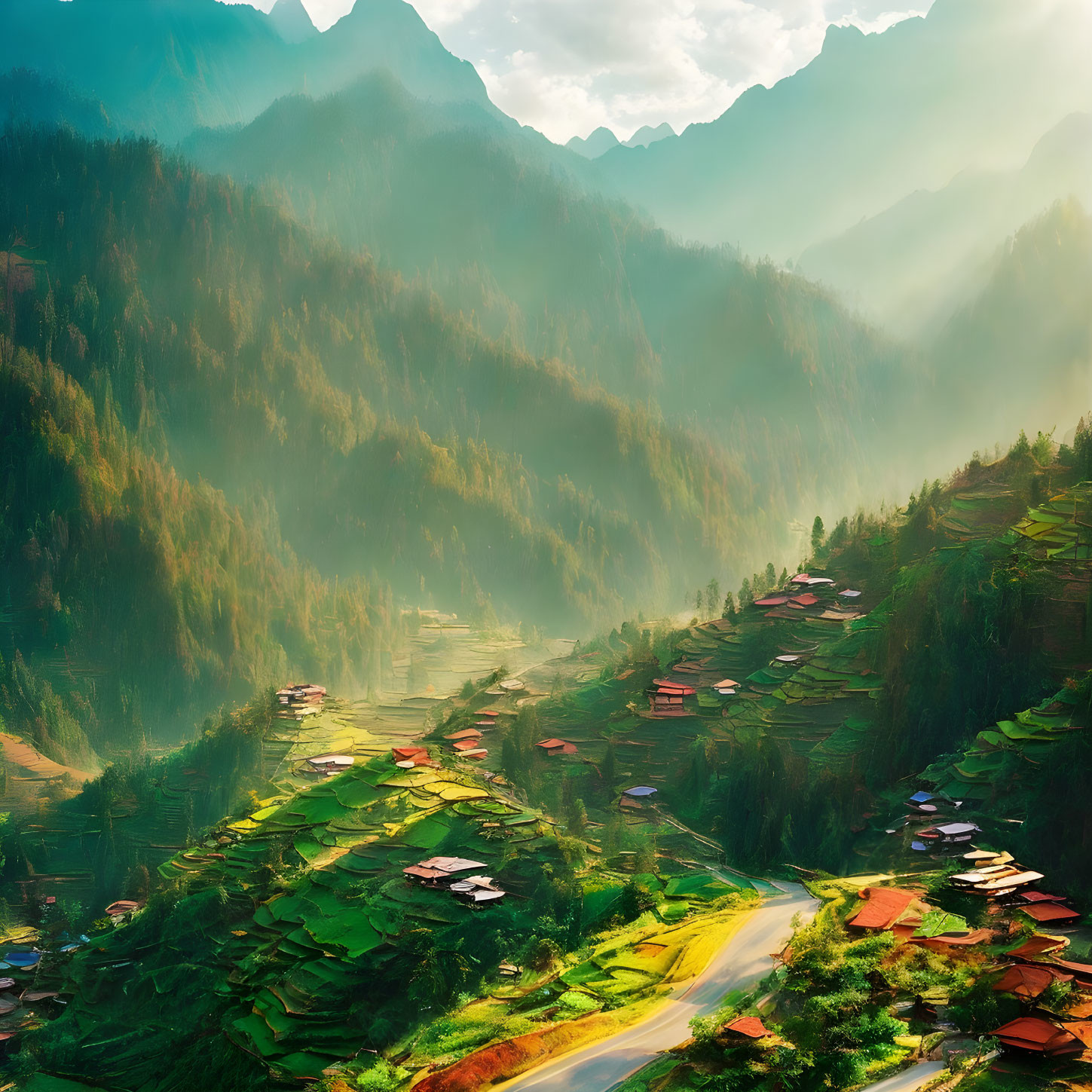 Scenic green valley with terraced fields, houses, winding road, and mountain backdrop in golden sunlight