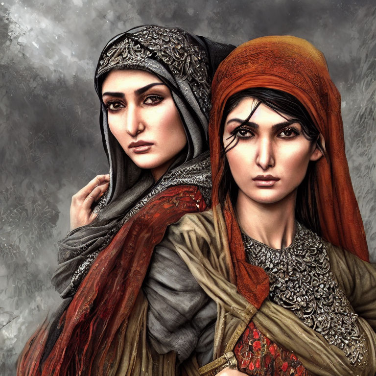 Traditional headscarves and garments on two women in detailed patterns against a smoky background