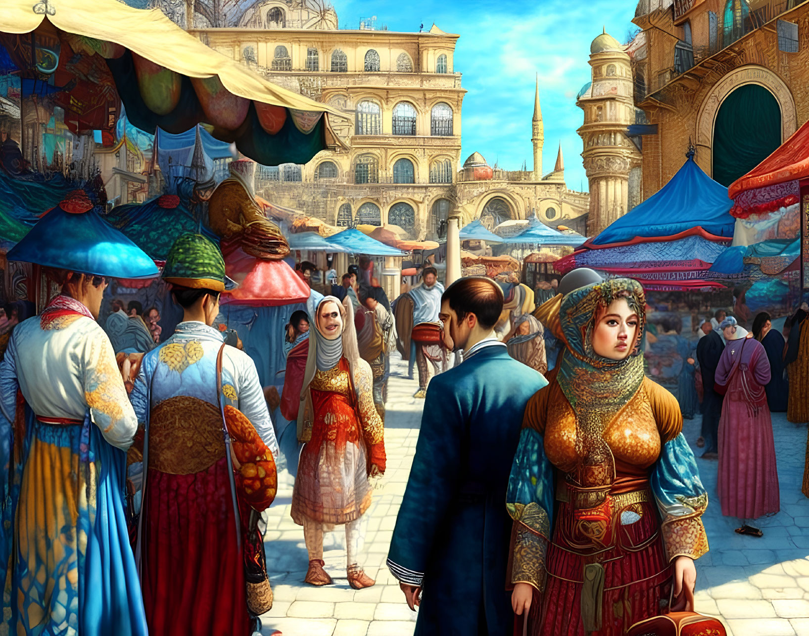 Vibrant traditional market with colorful stalls and historic architecture