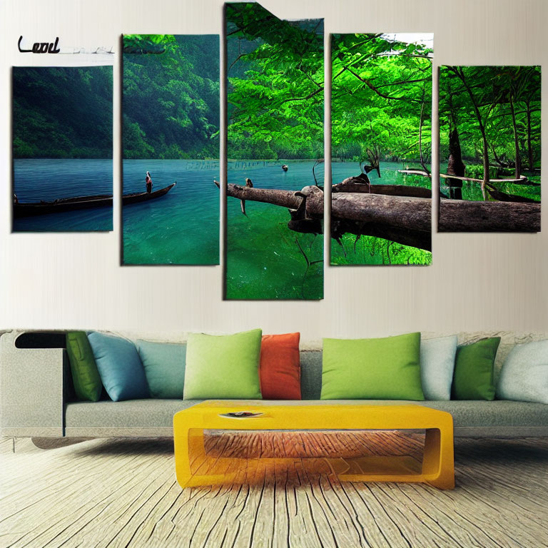 Multi-panel Wall Art: Serene Natural Scene with Canoe Paddler, Lake, and Green