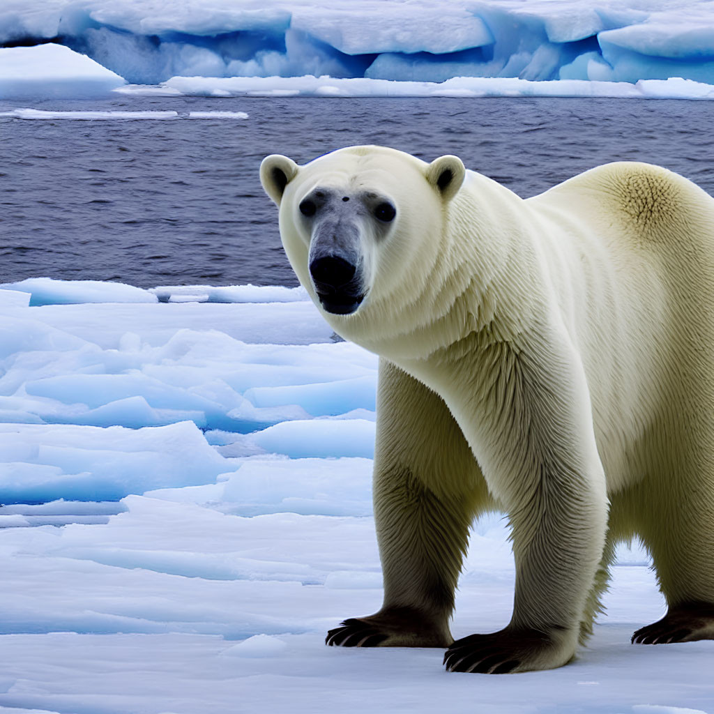 Arctic scene: Polar bear on ice floe with open water and icebergs