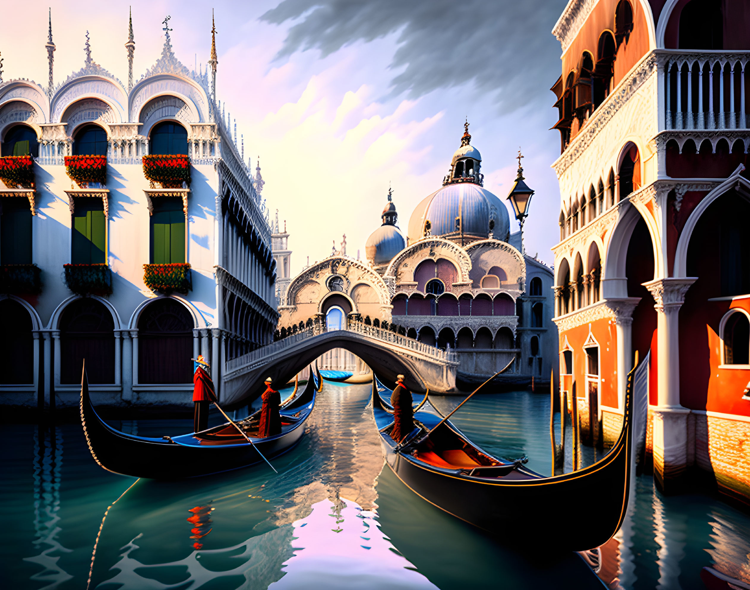 Venetian canal with gondolas and historic architecture under dramatic sky