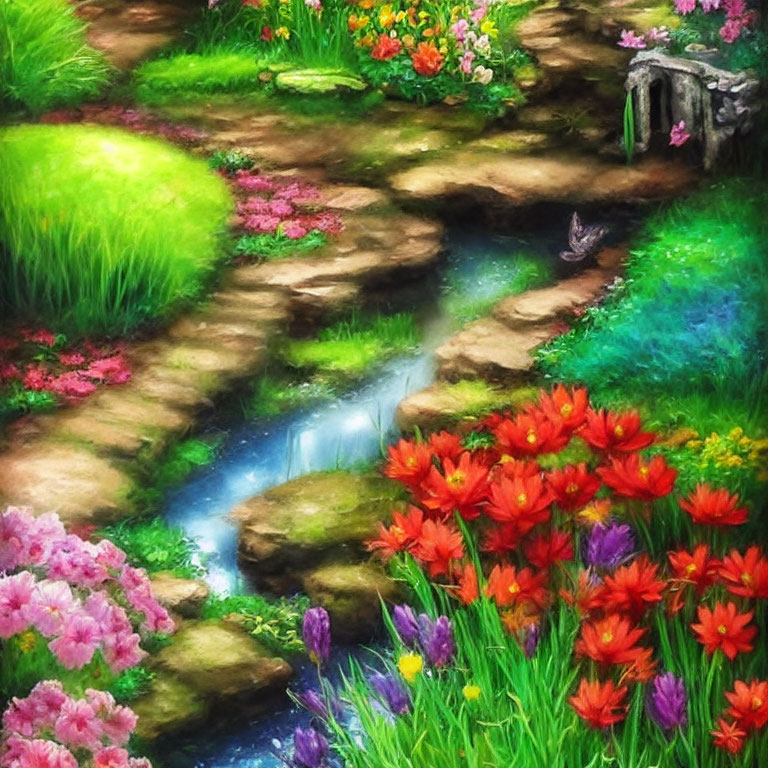 Colorful Flower Garden Scene by Gentle Stream