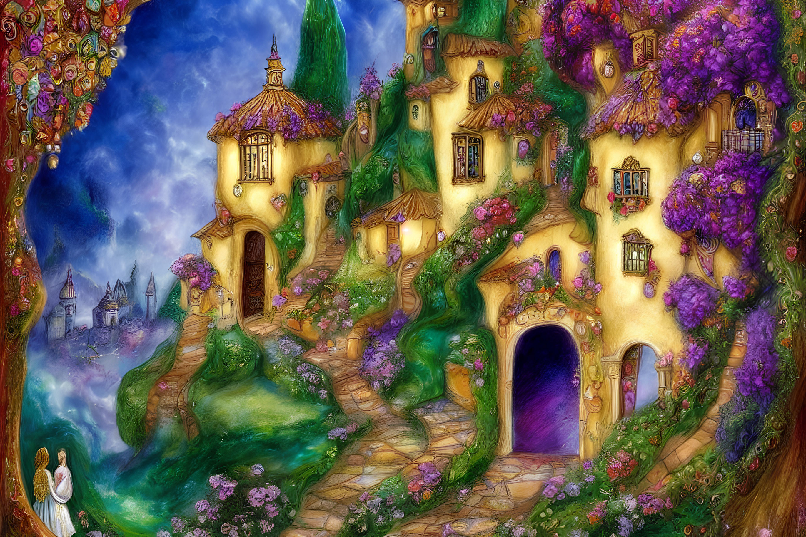 Colorful fairytale village illustration with floral cottages and figure in white.