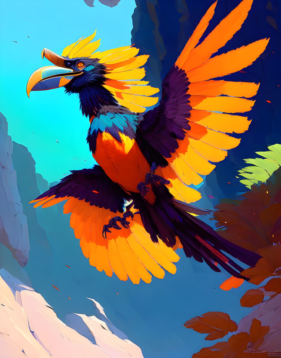 Colorful bird illustration soaring against blue sky and rocky cliffs