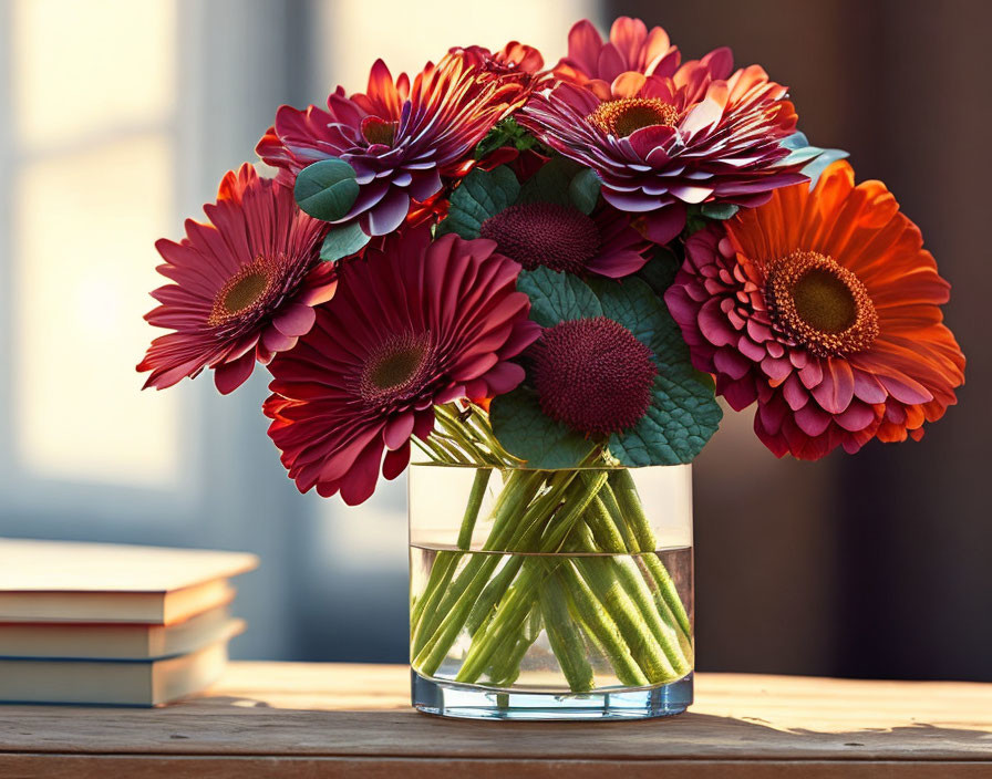 Colorful Red and Orange Gerbera Daisies in Glass Vase on Wooden Table