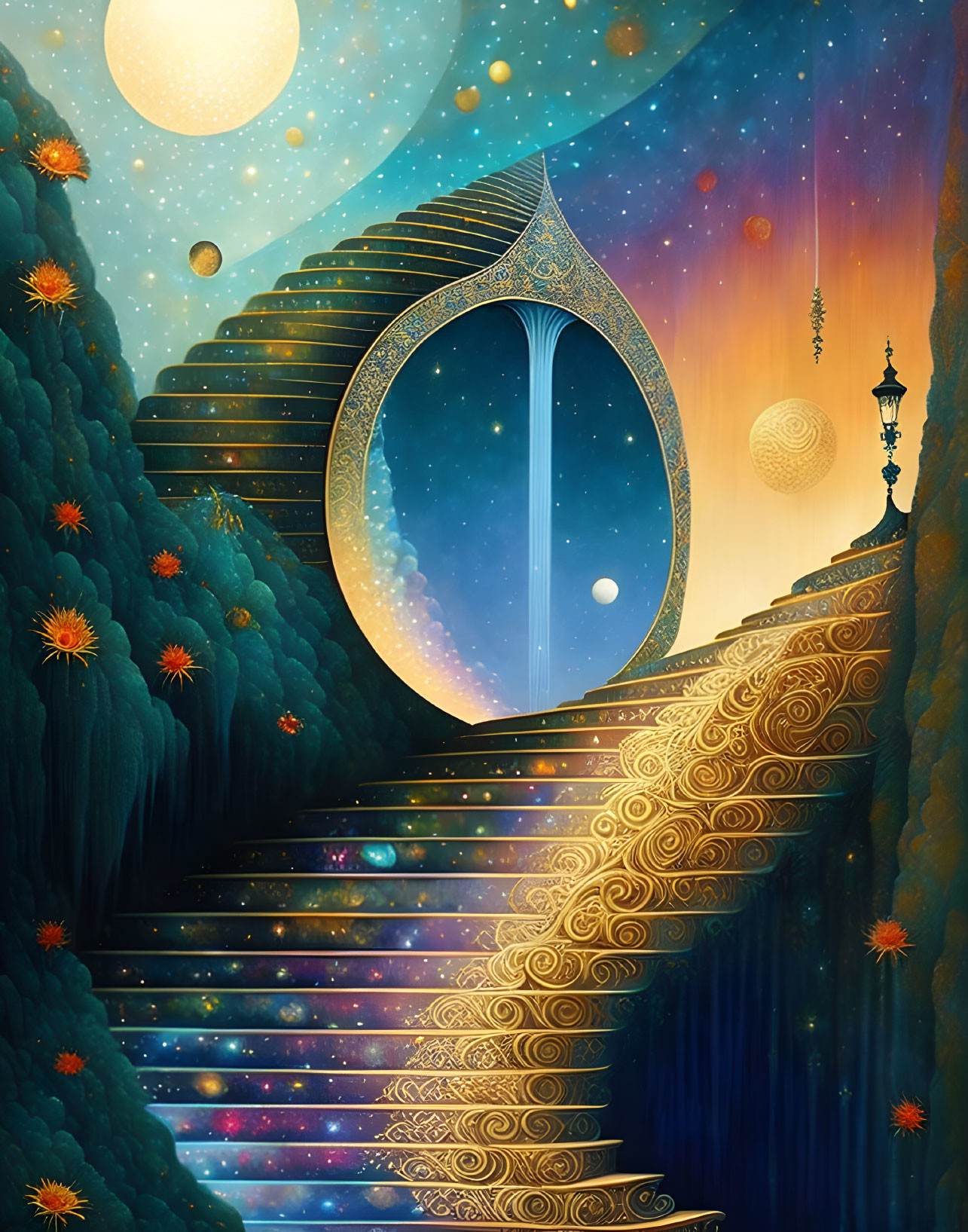 Mystical stairway in cosmic landscape under starry sky