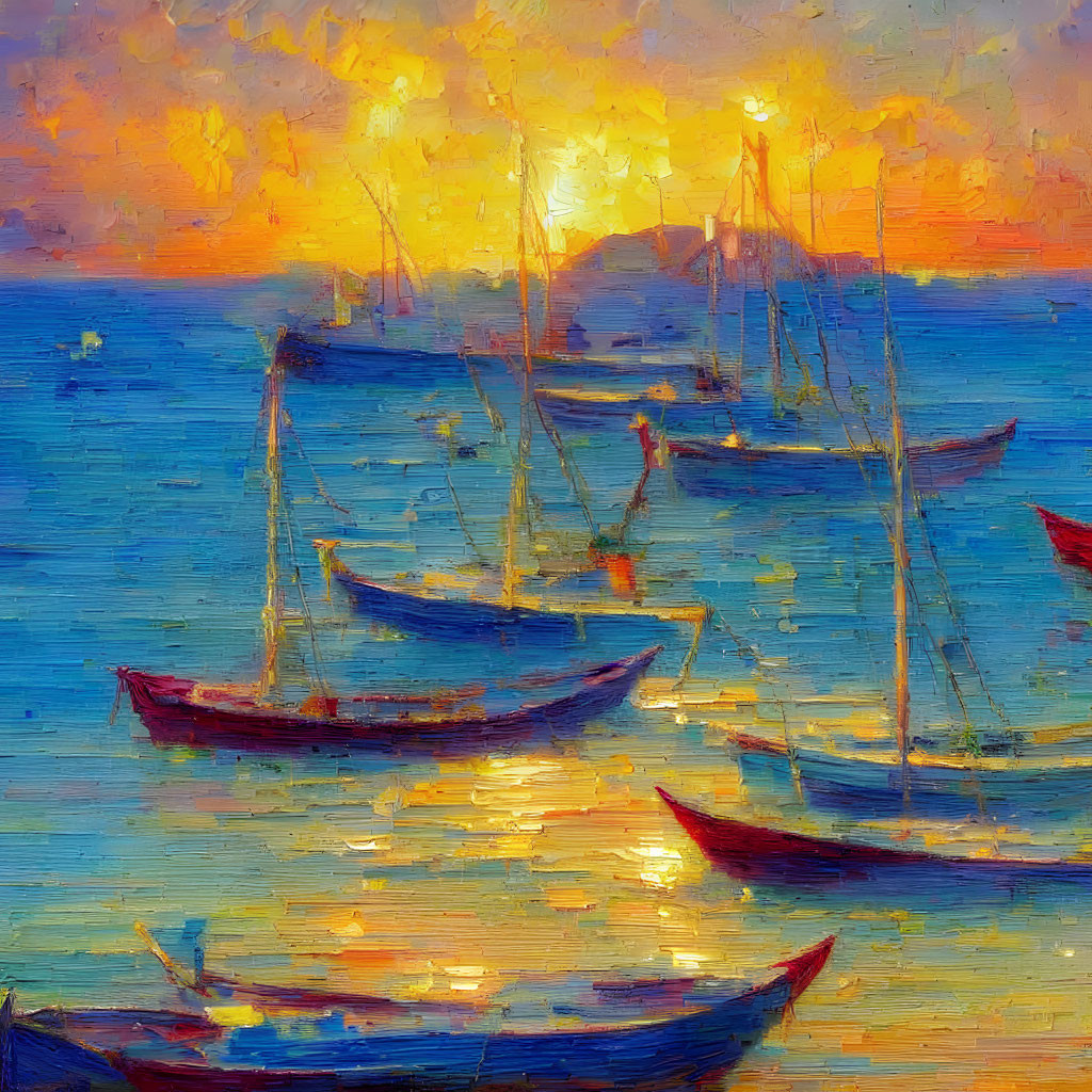 Sailboats on calm waters with golden sunset sky in oil painting