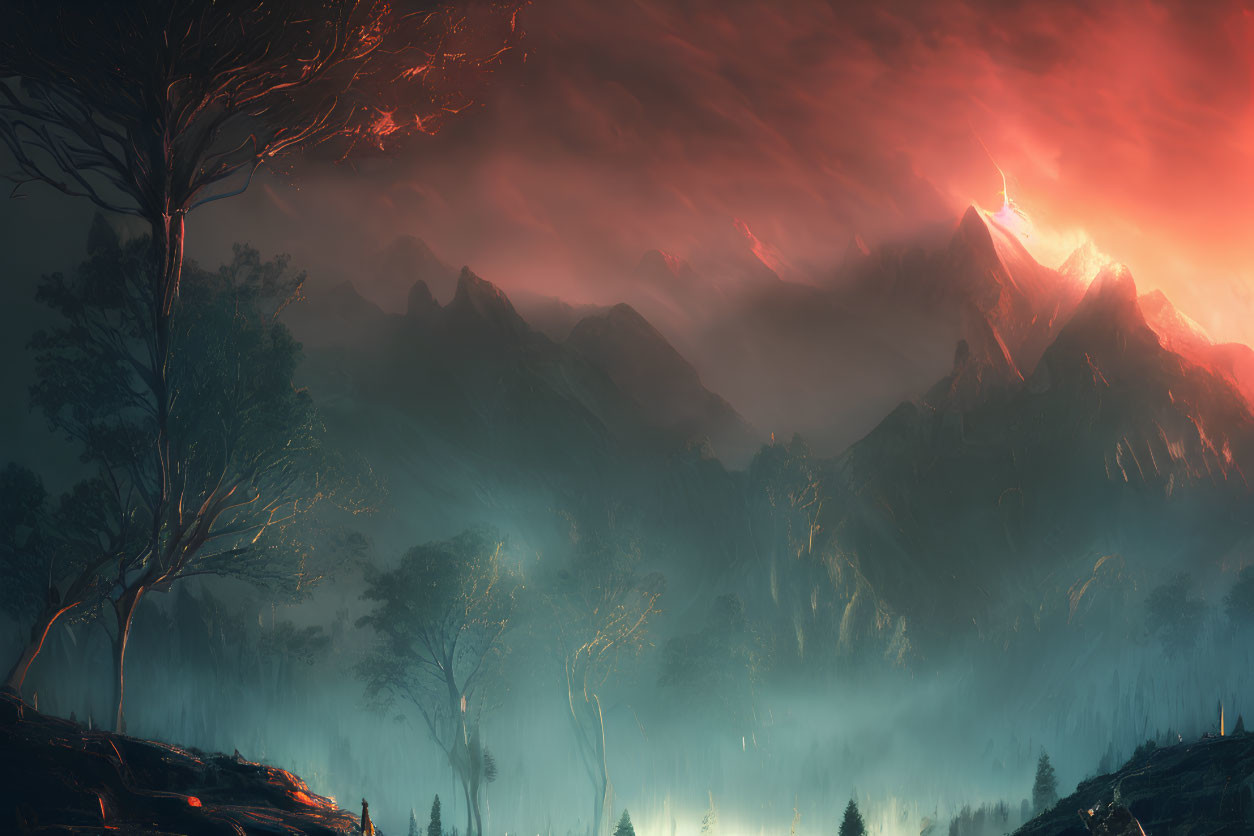 Surreal landscape with fiery skies, misty mountains, lightning, and tree silhouettes